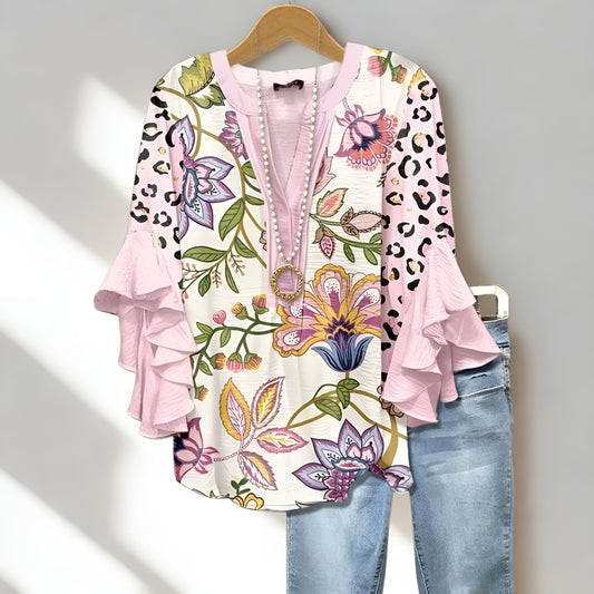 Tirza™ | Vintageblus med blommigt tryck & volangärmar